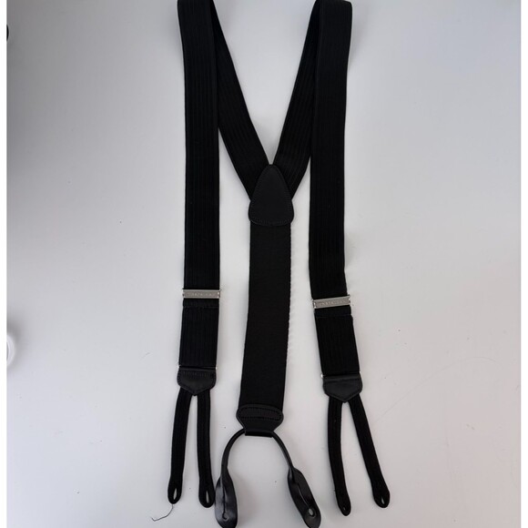 Trafalgar Suspenders Black Ribbed Y-Back Leather Button Loops Silver Hardware - Picture 1 of 4